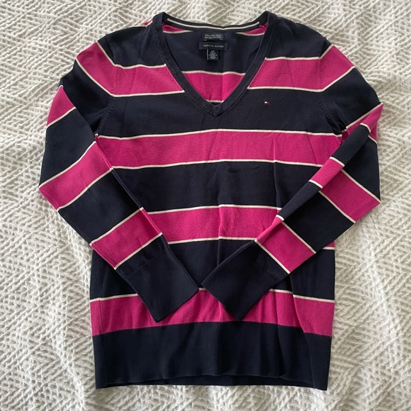 Tommy Hilfiger Pullover Navy Blue and Pink Stripes Size S/P - Picture 2 of 4